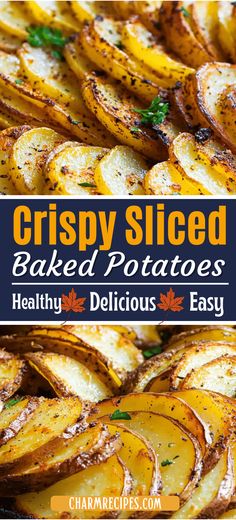 crispy sliced baked potatoes with herbs on top