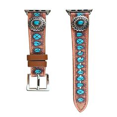 a pair of brown and blue leather straps with turquoise stones on each side, one has a silver buckle