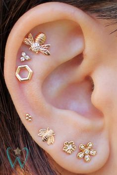 Curated ear showing bees, honeycomb, flowers, and pollen. Different Types Of Piercings, Curated Ear, Septum Piercings, Cool Ear Piercings, Pretty Ear Piercings, Cool Piercings, Cute Ear Piercings, Cute Piercings