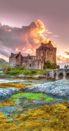 an old castle sits on top of a hill with moss growing in the foreground