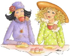 two women sitting at a table drinking tea and eating pastries, with one woman wearing a hat on her head