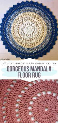 a crocheted rug with the words gorgeous mandala floor rug