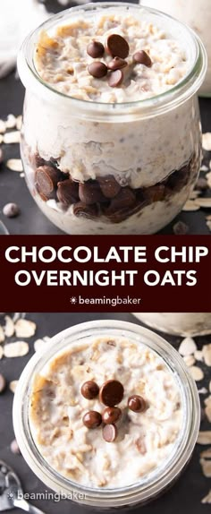 chocolate chip overnight oats in a glass jar