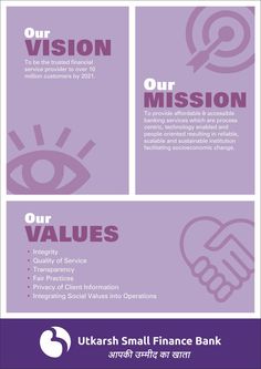 an advertisement with the words our vision, our mission and our value in purple tones