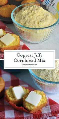 cornbread muffins with cheese on top and the words copycat jeffy cornbread mix