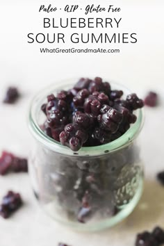 blueberry sour gummies in a glass jar with text overlay