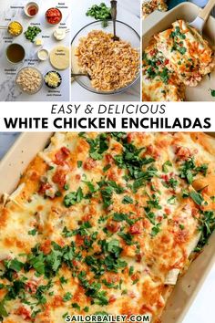 White Chicken Enchiladas are a weeknight favorite for an easy dinner recipe. Creamy, easy chicken enchiladas baked in a silky cream sauce made with simple ingredients and naturally gluten free! This delicious mexican food recipe is made with corn tortillas, and topped with Monterey jack cheese.