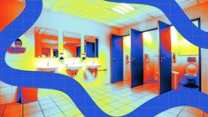 an image of a bathroom with blue and orange colors on the walls, and two sinks in the middle