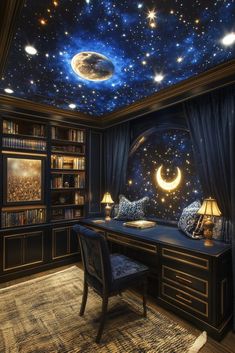 A Starry Night Sky Study Space features a ceiling painted like the night sky, complete with glowing stars and a moon. The room should be equipped with a telescope for stargazing and educational posters about astronomy. This setup not only provides a unique area for homework but also encourages curiosity about science and the universe. Dark blue walls and galaxy-themed decor can enhance the celestial theme, making it a captivating space for learning and dreaming. Discover more starry night sky kids study room ideas to explore the cosmos while studying. Space Themed Desk, Space Themed Office, Kids Study Room Ideas, Kids Study Room, Study Room Ideas, Ceiling Painted, Galaxy Room, Study Spaces, Celestial Theme