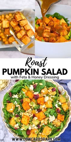 roasted pumpkin salad with feta and honey dressing is the perfect side dish for fall