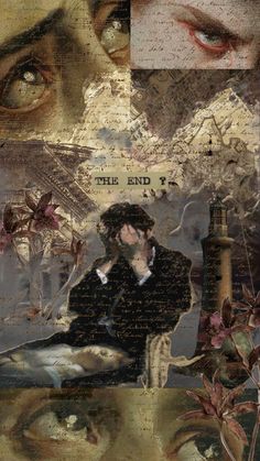 an artistic collage with many different pictures and words on it's side, including two