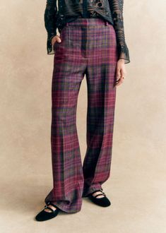 Long wool checked trousers;Slant pockets on the front and welt pocket on the back;Creases front and back;Zip and clasp fastening;Lined;Inside leg length: 83 cm / 32.7 in (size EU36/UK8) Masc Femme Fashion, Check Pants, Fancy Frocks, Plaid Trousers, Checked Trousers, Wool Trousers, Sunderland, Wardrobe Basics, Plaid Pants