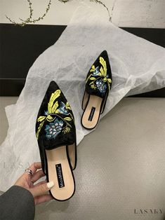 Lasaky - Fashionable Embroidered Flat Slippers with Pointed Toe, Comfortable Low Heel Sandals Velvet Mules Shoes, Flower Slippers, Embroidery Flats, Velvet Mules, Women Embroidery, Embroidered Flats, Flower Sandals, Velvet Shoes, Embroidered Shoes