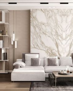 a modern living room with marble walls and flooring in neutral tones, including white couches