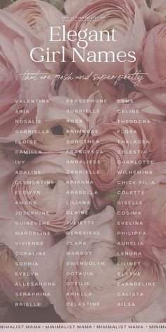 an elegant girl names poster with pink roses in the center and words below it that read, elegant girl names