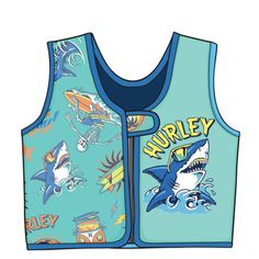 a blue vest with an image of a shark and other marine creatures on the front