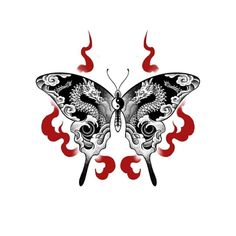 a black and white butterfly with red flames