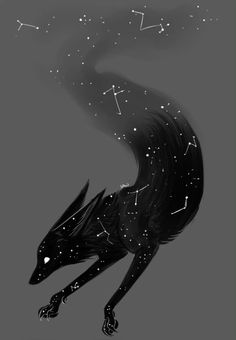 a black and white drawing of a dragon with stars in the sky above it's head