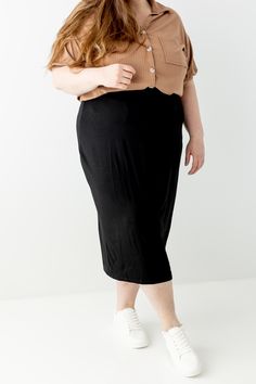 Everyday glam doesn't get easier than the pull on Sasha skirt! It's effortless and elegant - what skirt dreams are made of! Tailored in a modern midi length, this soft knit skirt is fitted with a hidden elastic waistband for a secure fit. From everyday wear to business casual to Sunday morning - this basic skirt is a must have for every modest wardrobe! Exclusively designed with you in mind. 95% Rayon 5% Spandex Hand Wash Cold Do Not Bleach Lay Flat or Hang to Dry Low Iron if Needed Lined Model Knit Skirt Outfit, Modest Wardrobe, Everyday Glam, Outfits Modest, Basic Skirt, Knit Midi Skirt, Knit Midi, Low Iron, Knit Skirt