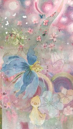 an artistic painting with flowers and butterflies on it's side, in pastel colors