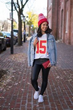 Red and White Chiefs game day outift with winter hat, denim jacket from Revolve, and Commando faux leather leggings with white APL shoes #ShopStyle #MyShopStyle #LooksChallenge #ContributingEditor #Winter #gameday #Petite Tennessee Vols Game Day Outfits, Chiefs Game Day, Apl Shoes, Game Day Outfit, Gameday Outfit, Gaming Clothes, Faux Leather Leggings