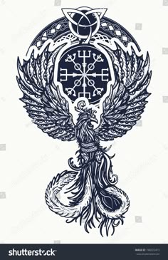 an eagle with wings and cross in the center, surrounded by other symbols on a white background