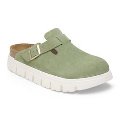 Boston Chunky Suede Leather Green Tea | BIRKENSTOCK Boston Clogs, Fresh Perspective, Boys Sandals, Suede Fashion, Strap Wedge, Birkenstock Boston, Shoe Insoles, Iconic Design