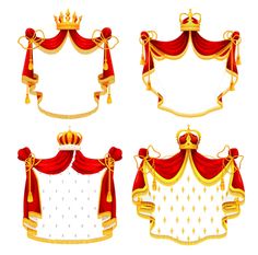 four red and gold banners with crowns on them