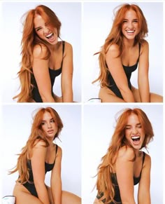 four pictures of a woman with red hair and no bra smiling at the same time