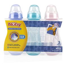 nuby baby bottles are shown in three different colors