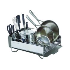 an organized dish rack with pots, pans and utensils in stainless steel