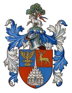 a coat of arms with an eagle, horse and tree on the crest surrounded by blue leaves