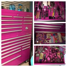 pink toolbox with lots of tools in it and various pictures showing the contents inside