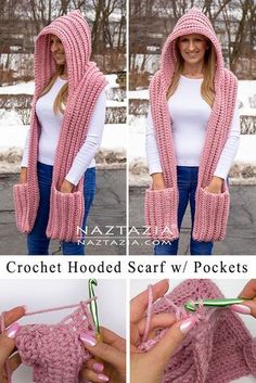 the crochet hooded scarf / pocket is shown in three different pictures, and shows how to knit it