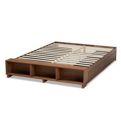 a wooden bed frame with two drawers on the bottom and one drawer open to reveal a mattress