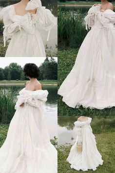 the back of a woman's wedding dress with ruffles and bows on it