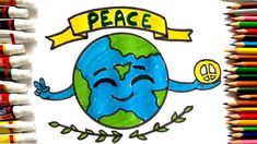 a drawing of the earth holding up a peace sign with crayons next to it