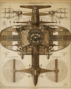 a drawing of an airplane that is cut in half and has several parts attached to it