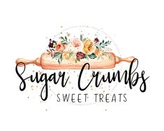 the logo for sugar crumbs sweet treats, with flowers and leaves on it