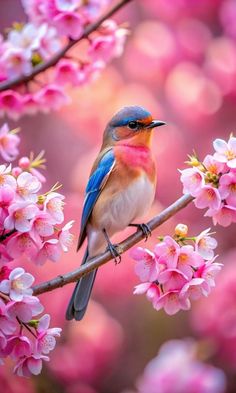 a colorful bird sitting on top of a tree filled with pink flowers