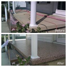 before and after photos of a front porch with flowers growing on the steps, and in between