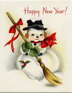 a watercolor painting of a snowman holding a broom