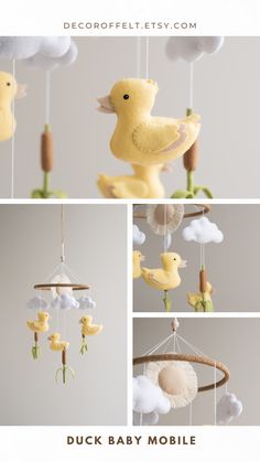 the baby mobile is made out of felt and has yellow ducks hanging from it's sides