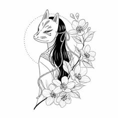 a black and white drawing of a girl with long hair, wearing a fox headdress surrounded by flowers