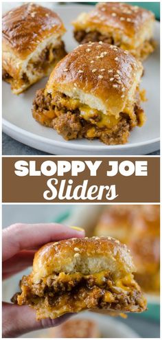 sloppy joe sliders on a white plate with text overlay