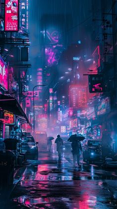 people walking in the rain on a city street at night with neon signs and umbrellas