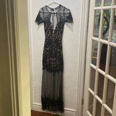 Black And Sheer Cocktail Dress, Great Condition, Worn Once Sheer Black Chiffon Cocktail Dress, Black Sheer Midi Dress For Club, Sheer Mesh Cocktail Dress, Maxi Length, Luxury Black Sheer Midi Dress, Black Sheer Embroidered Dress, Lemon Dress, Love And Lemons, Black Cocktail, For Love And Lemons