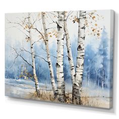 a painting of three birch trees in the snow with blue and yellow leaves on them