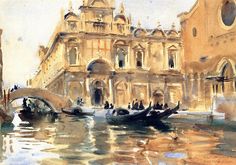 a painting of a gondola on the water in front of an old building