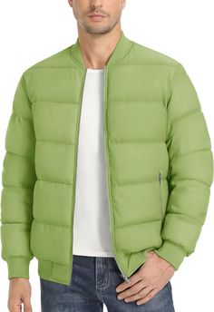 Stay warm and stylish with our Men's Puffer Casual Quilted Long Sleeve Bomber Jacket. This jacket features a quilted design and long sleeves to provide extra warmth and protection against the elements. Its casual yet fashionable look is perfect for any occasion. Fabric type Polyester SIZE NECK CHEST WAIST SLEEVE S 14-14½″ 34-36″ 28-30″ 32-33″ M 15-15½″ 38-40″ 32-34″ 33-34″ L 16-16½″ 42-44″ 36-38″ 34-35″ XL 17-17½″ 46-48″ 40-42″ 35-36″ 2XL 18-18½″ 50-52″ 44-46″ 36-37″ 3XL 19-19½″ 54-56″ 48-50″ 37 Green Quilted Winter Jacket, Puffer Jacket With Padded Collar For Outdoor Activities, Solid Color Long Sleeve Puffer Quilted Jacket, Quilted Hooded Jacket For Cold Weather, Casual Down Puffer Jacket With Padded Collar, Green Quilted Jacket For Winter, Quilted Long Sleeve Puffer Jacket, Long Sleeve Quilted Jacket With Fleece Lining For Outdoor, Quilted Jacket With Fleece Lining For Outdoor Activities